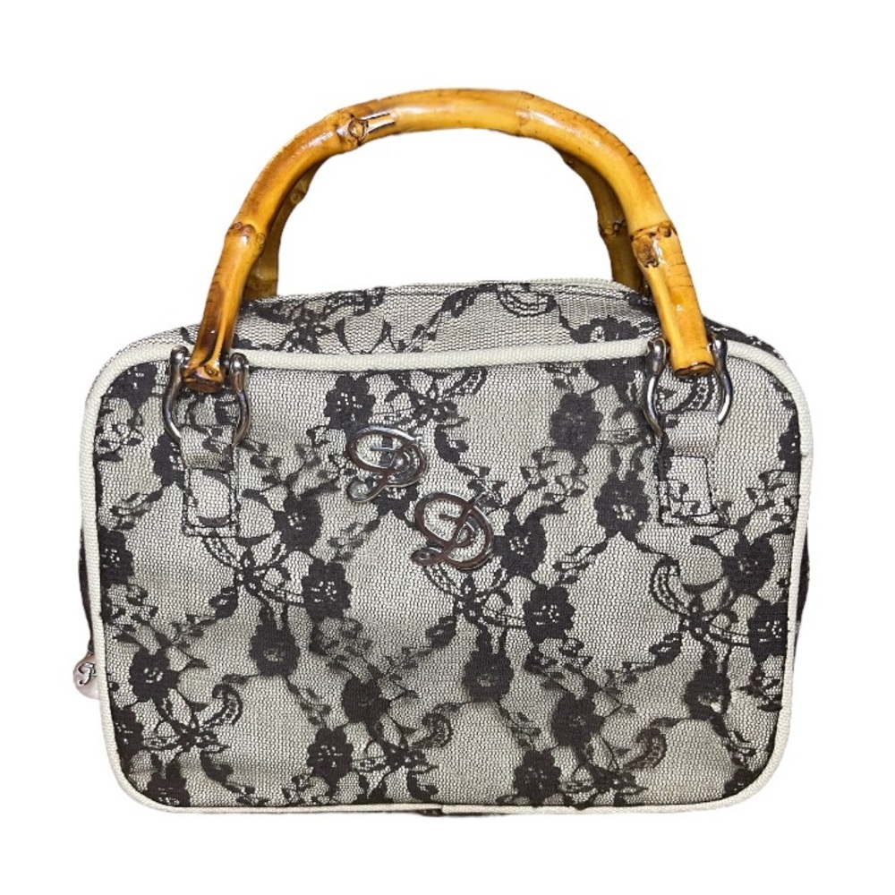 Pieri Designs brown floral lace bamboo handle handbag